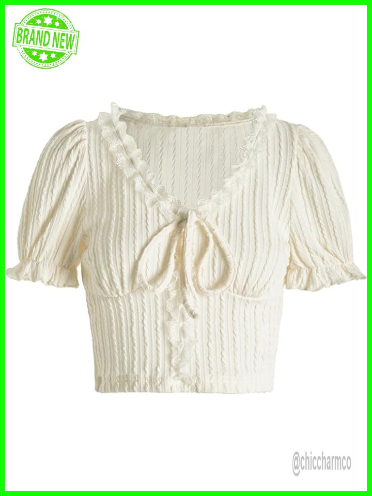 Knot Front Lace Trim Puff Sleeve V Neck Crop Top